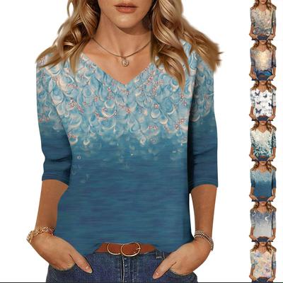 Женские топы Рубашка с рукавом три четверти V-образный вырез Свободная повседневная рубашка Футболка с принтом
