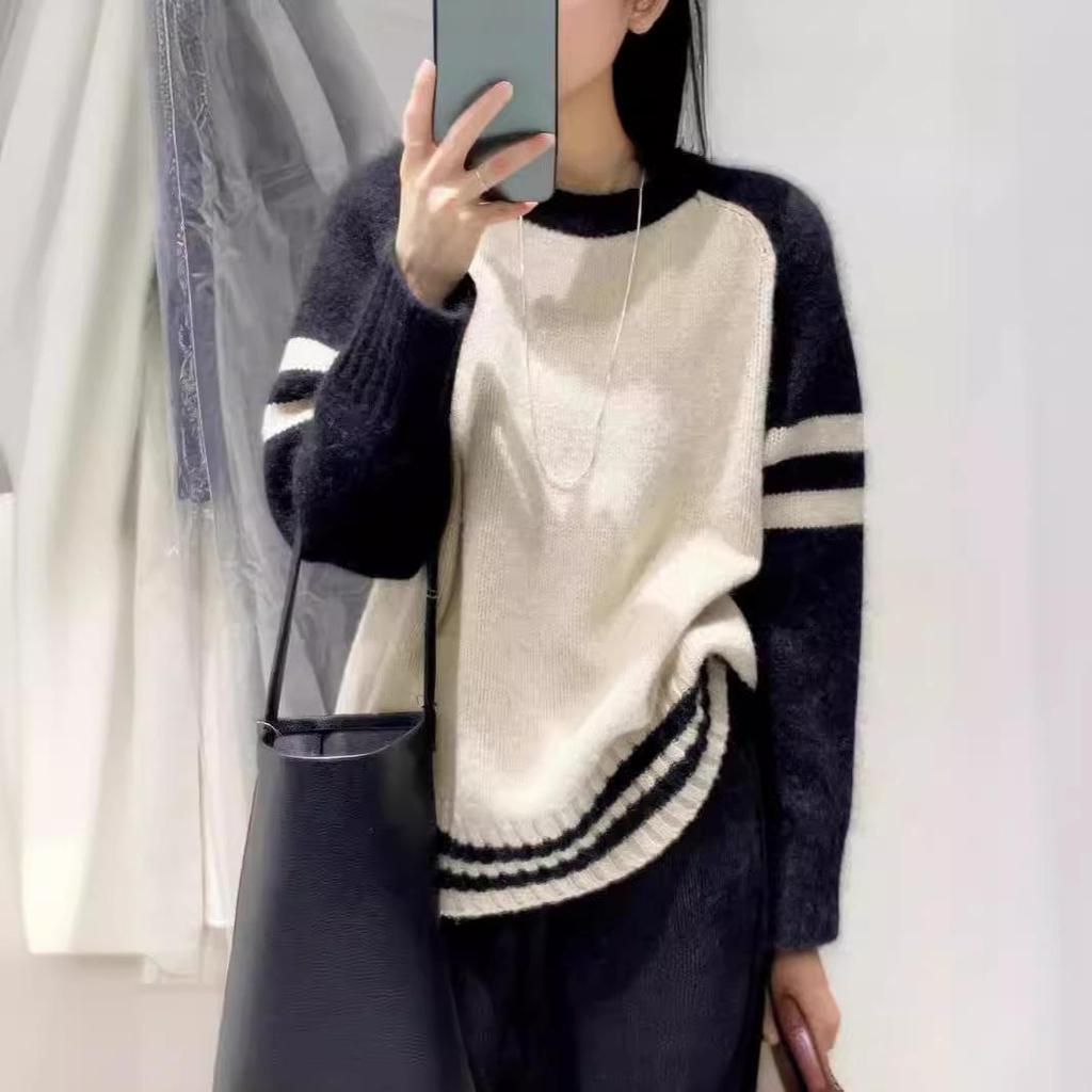 Осень/Зима Корейский Стиль Чистая Шерсть Цветовой Блок Свободный Вязаный Кашемировый Свитер для Женщин