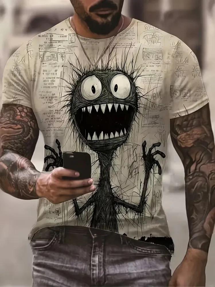 Men's Creepy Art Monster T-Shirt, Dark Fantasy Stick Monster with Wide Eyes, Newspaper Print Background, Casual Short Sleeve for Men