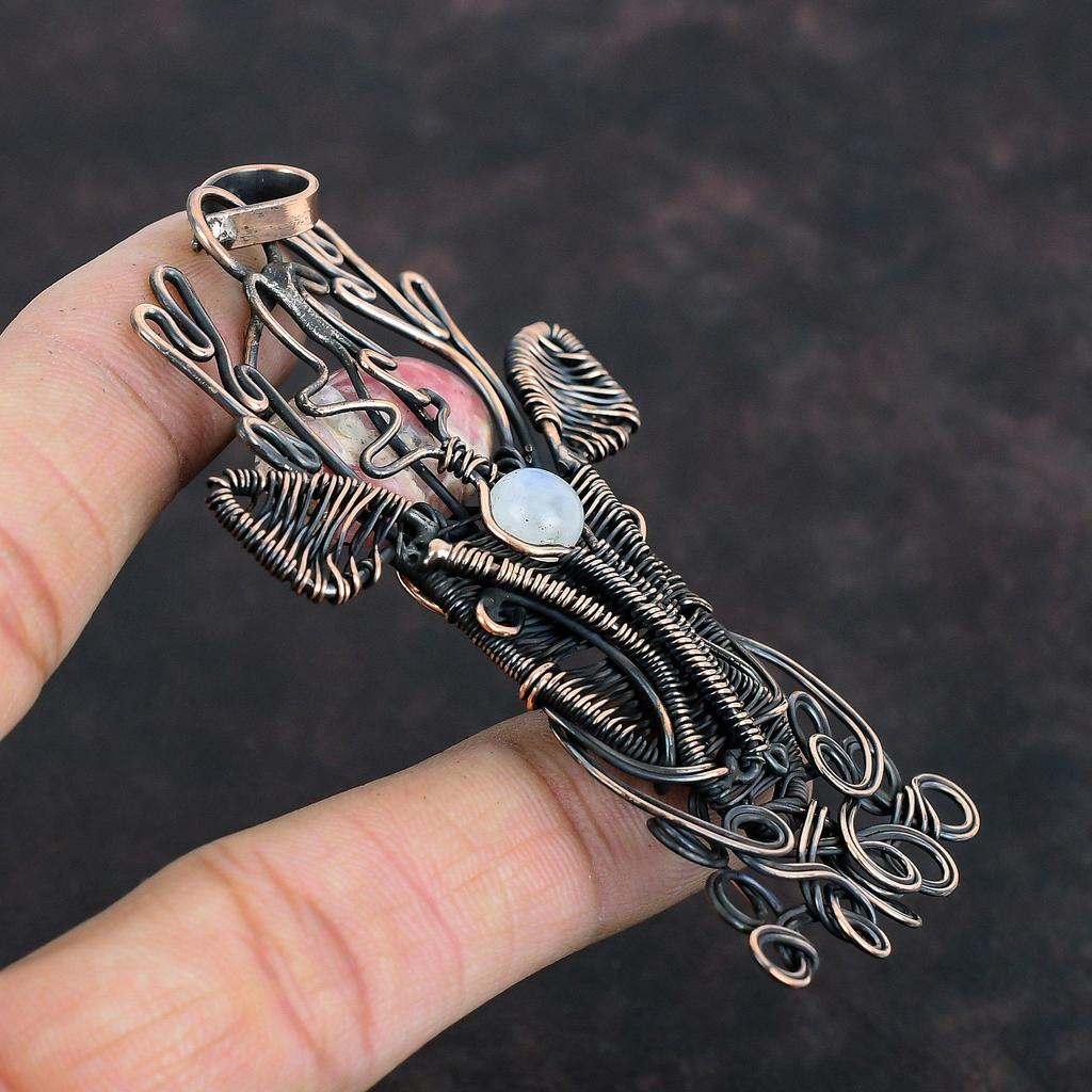 Подвеска из родохрозита, подвеска из радужного лунного камня, подвеска из медной проволоки, ювелирные изделия из драгоценных камней, подвеска в виде оленьей морды, подвеска ручной работы, подарок для нее