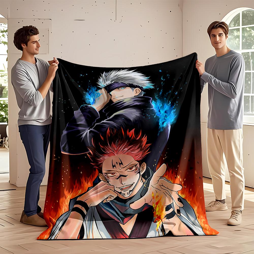 Anime characters with fire and blue flames, Flannel blanket for bedroom, living room, sofa, and nap sofas.