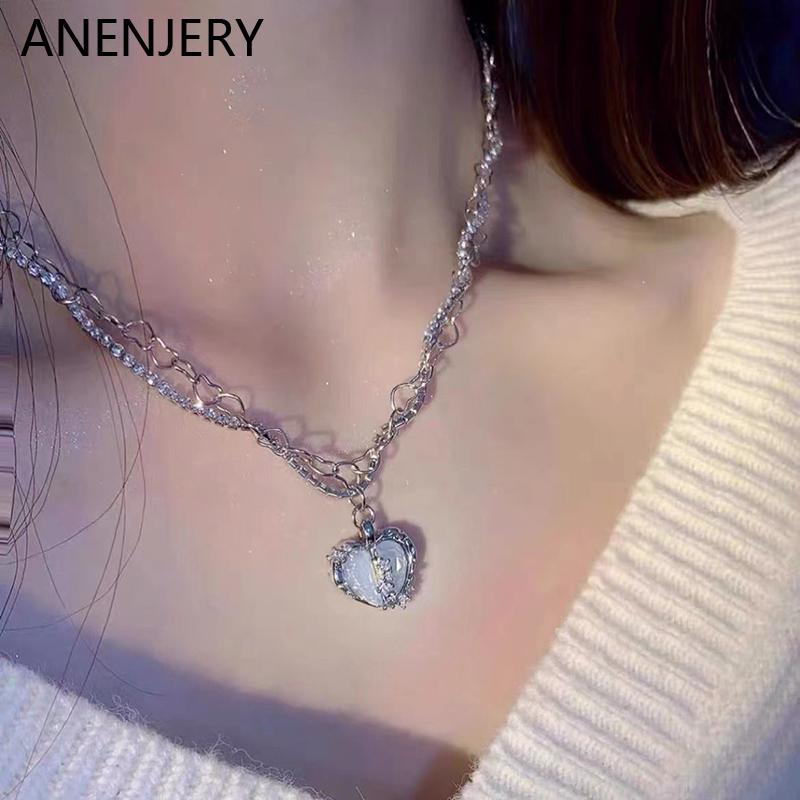 ANENJERY Серебряное ожерелье в форме сердца для женщин, ожерелье из циркона AAA, цепочка на ключицу, элегантные очаровательные ювелирные изделия, подарки