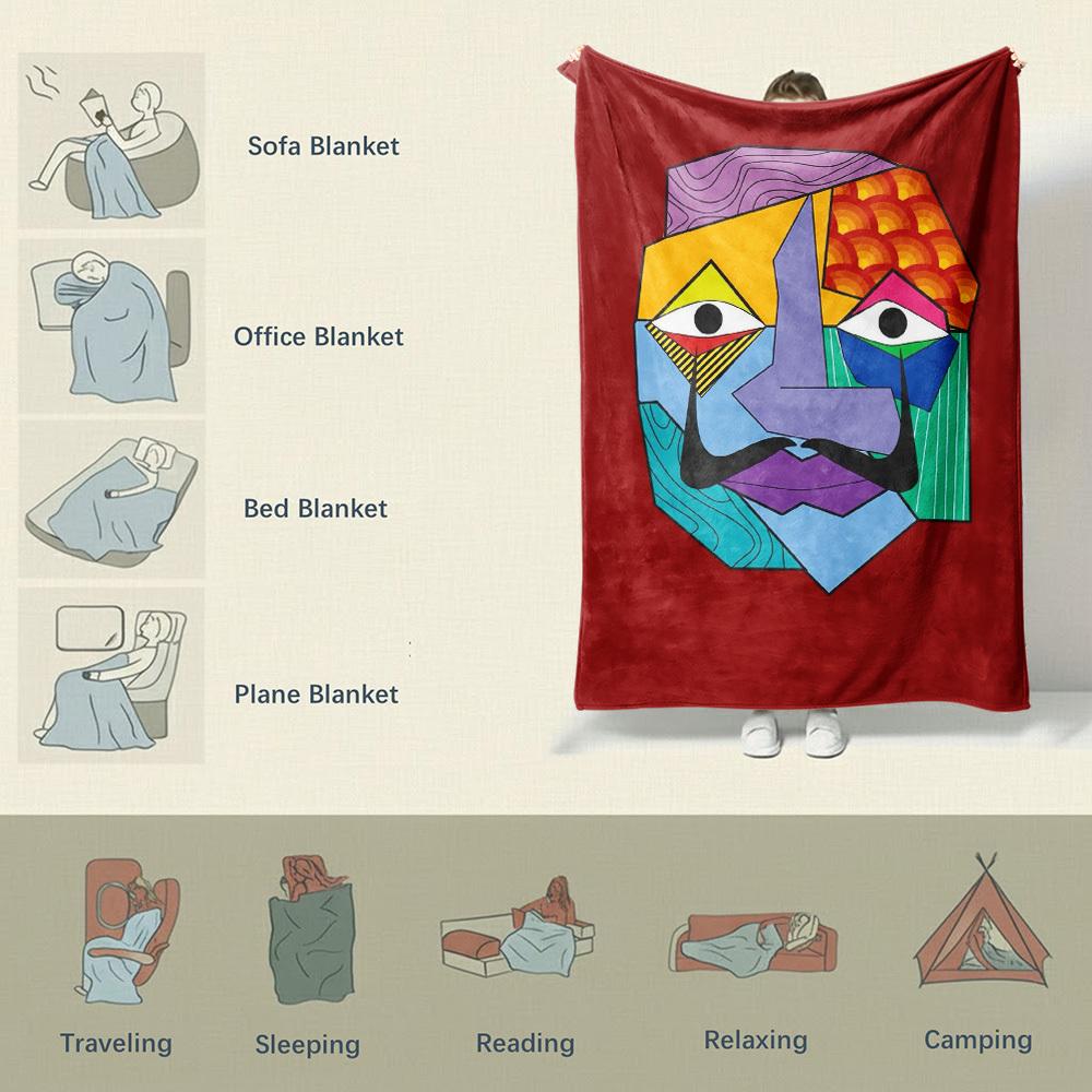Cubist Face Flannel Throw Blanket – Vibrant Abstract Art, Soft Cozy Fleece with Maroon Background – Ideal for Couch, Bed
