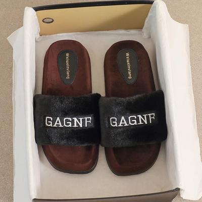 2024 Осень Женские Шлепанцы на Толстой Подошве Черные Модные Замшевые Меховые Теплые Шлепанцы с Открытой Пяткой Домашние Сохраняющие Тепло Плюс Плоские Шлепанцы