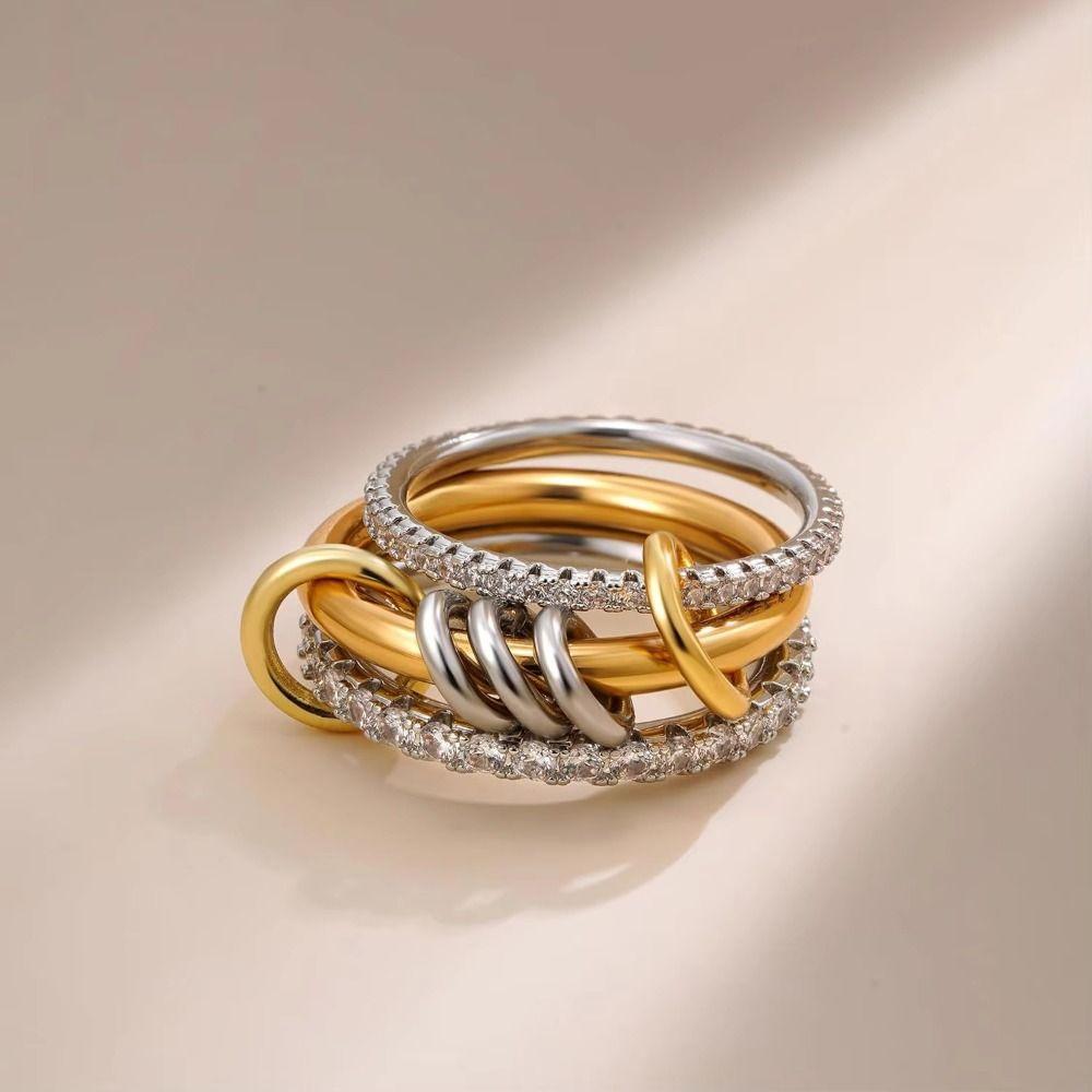 Metal Geometric Knuckle Ring Three Layered Ring Multi-Link Connected Rings Stackable Rings Women