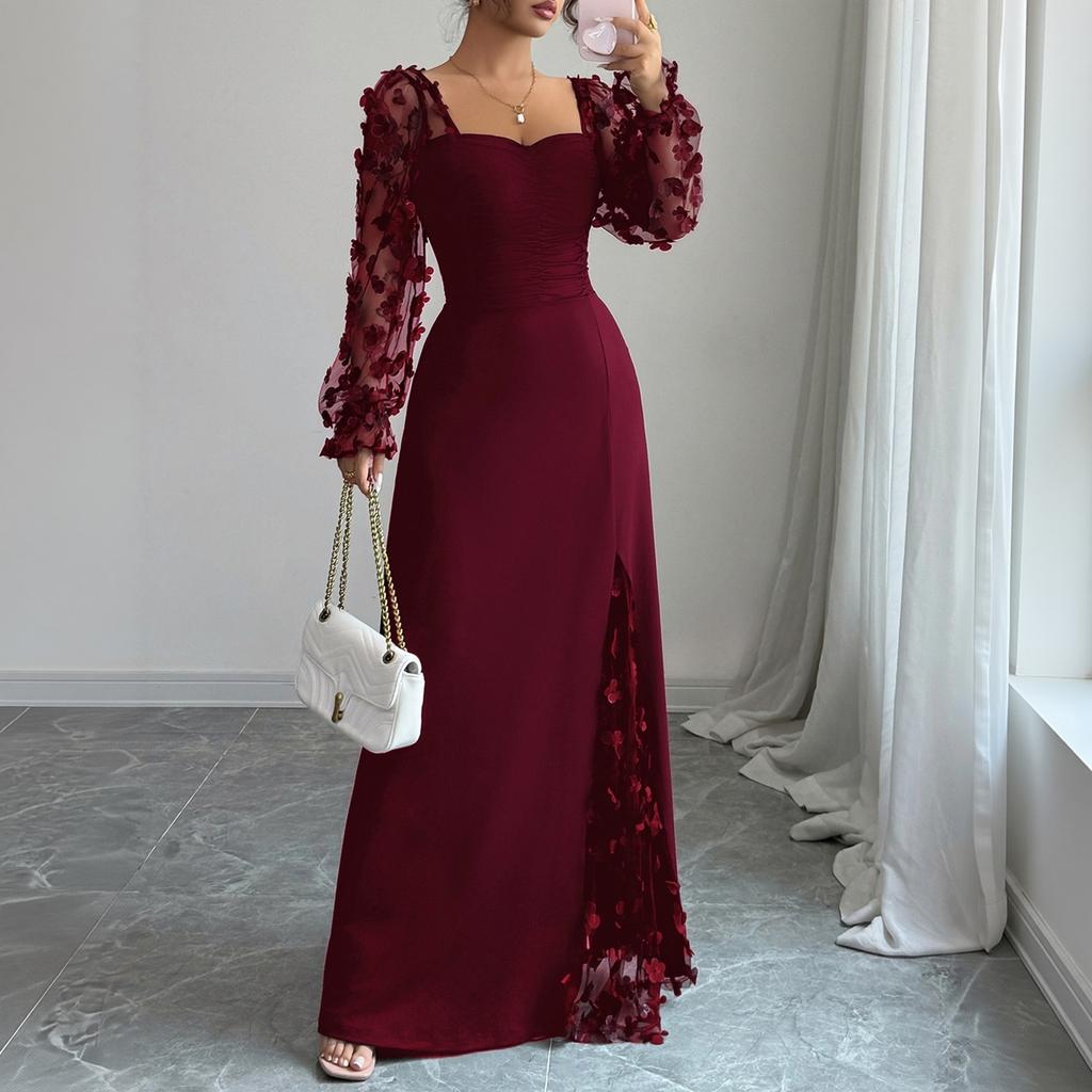 Женское formalное платье с квадратным вырезом, кружевом, длинными рукавами, приталенной талией и разрезом