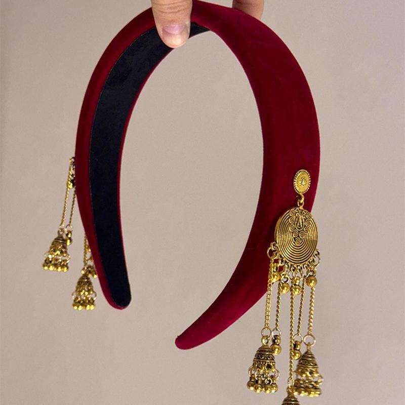 Ethnic Bell Round Texture Double Tassel Velvet New Year Red Headband Fashion Versatile Magnificent Hair Accessories for Women
