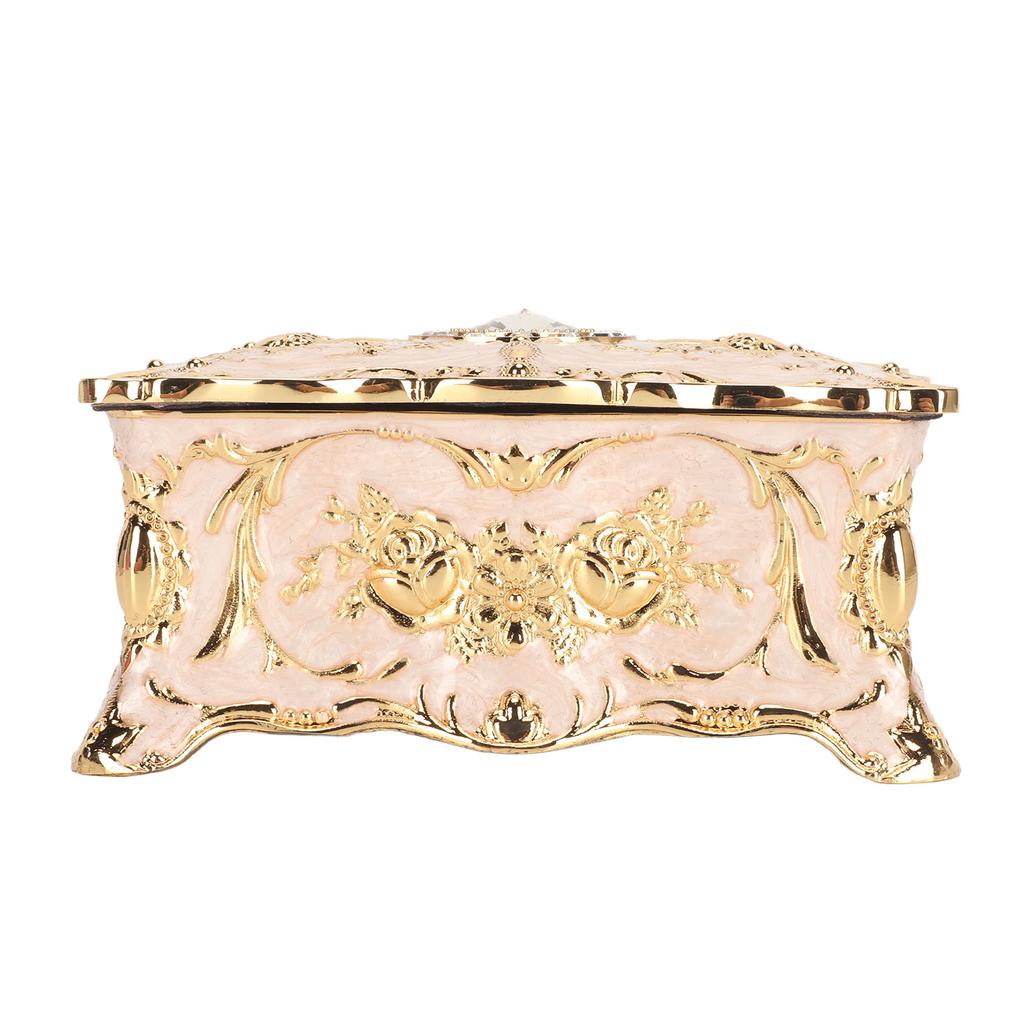 Vintage Rectangular Jewelry Box Retro Metal Antique Enamel Gold Trim Rhinestone Trinket Storage Box