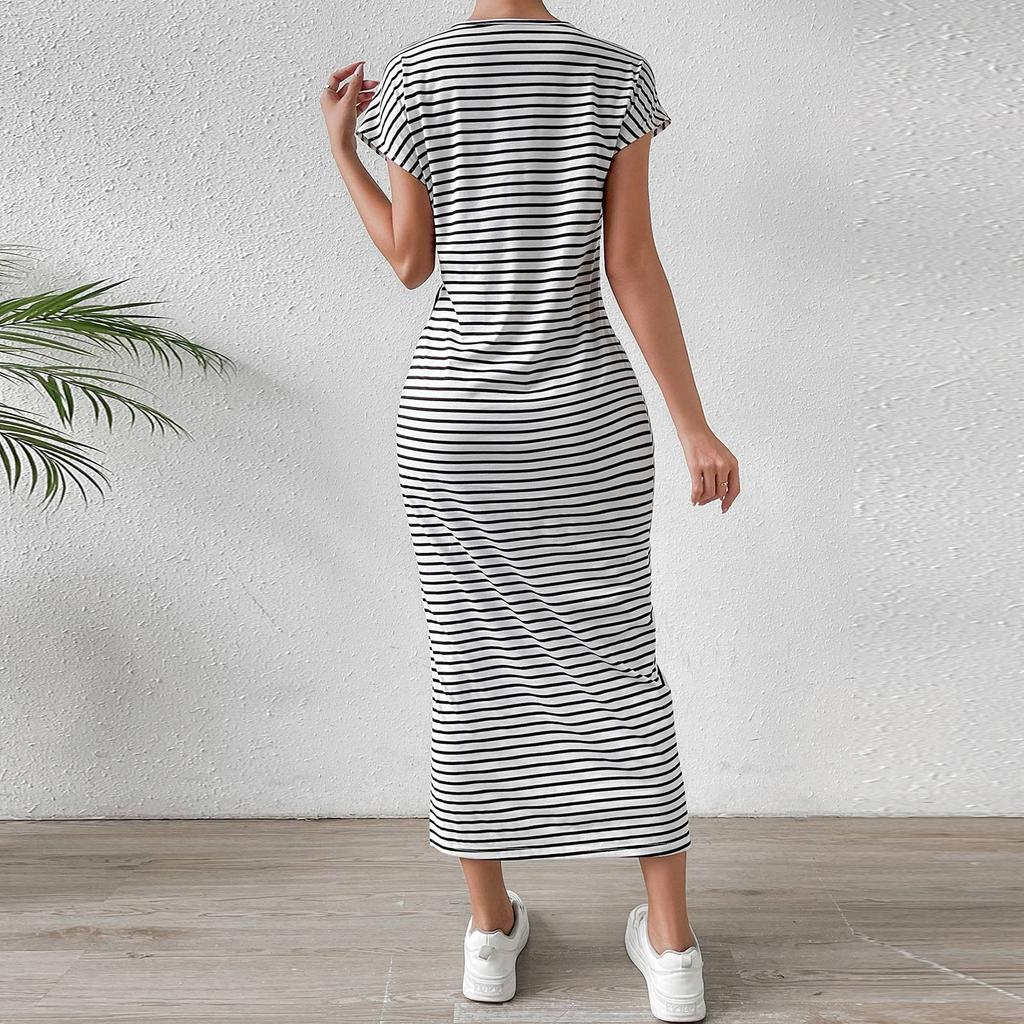 Женское модное платье с круглым вырезом в полоску, короткими рукавами, облегающим кроем и разрезом для похудения