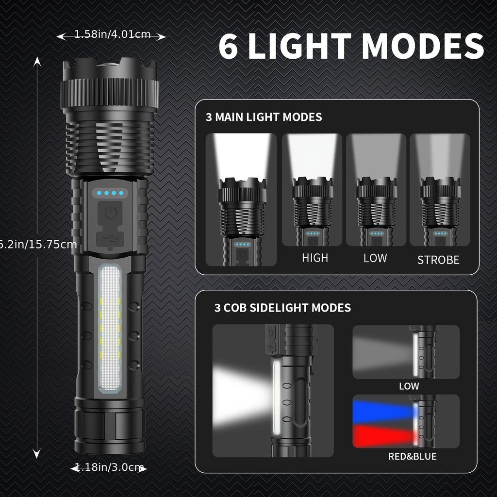 Rechargeable LED Flashlights With 6 Lighting Modes, COB Side Lights & Powerful Handheld Design – Super Bright & Long Range, Perfect For Camping