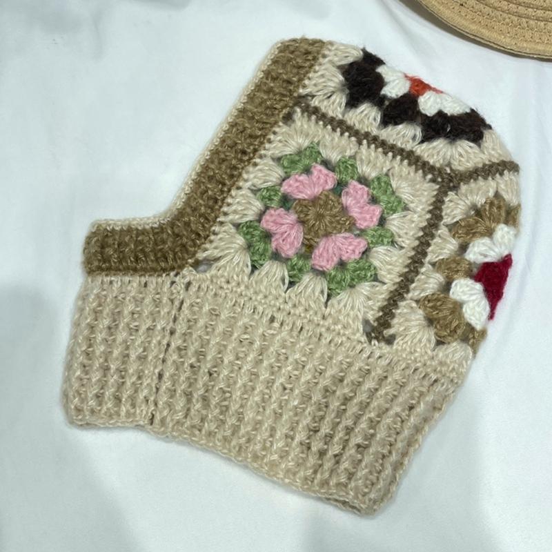 Вязаная балаклава с цветочным узором для студентов, взрослых, ветрозащитная зимняя шапка, шапка для защиты шеи, подростковая шапка для тепла, шапка для велоспорта