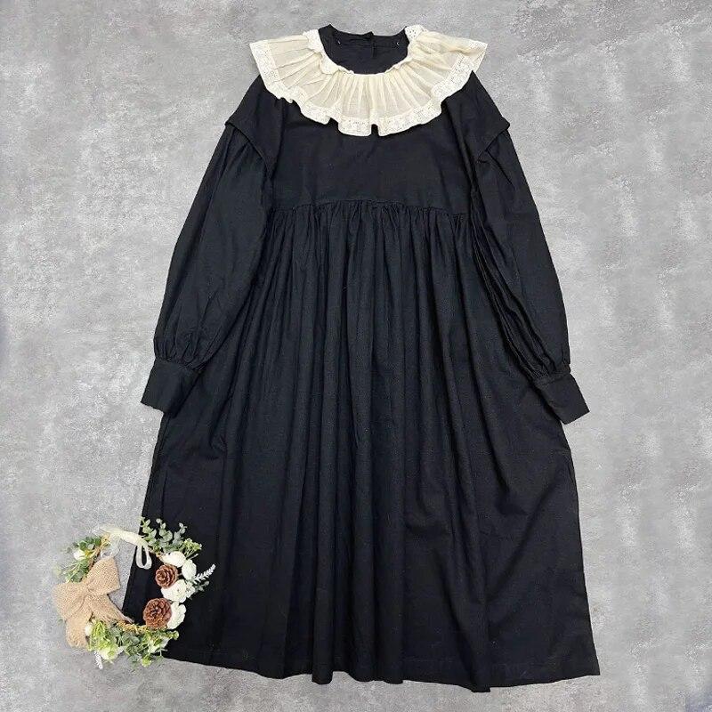 Johnature Японское женское хлопковое платье Mori с рюшами и воротником, винтажное повседневное свободное платье с длинными рукавами и простыми карманами, весеннее платье