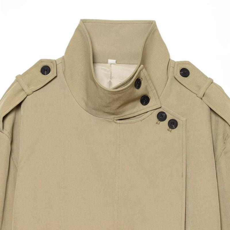 Womens Mid-Length Trench Coat With Stand Collar Shoulder Straps Lace-Up Waist Belt Solid Color Casual Street Style