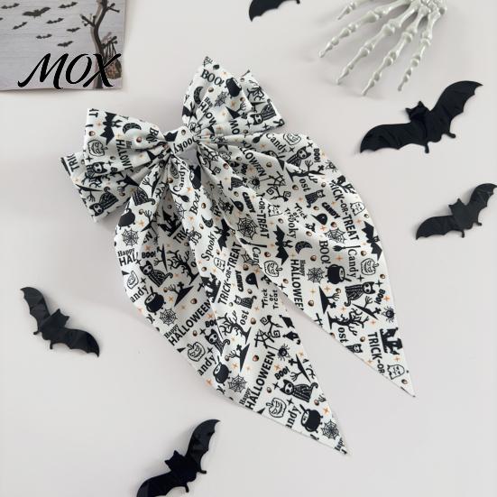 Hair Clip with Halloween Prints Bow Spring Clips for Women, Pumpkin Skeleton Ghost Hand Printed Comfortable Hairpin Fabric Barrettes, Cute Horror