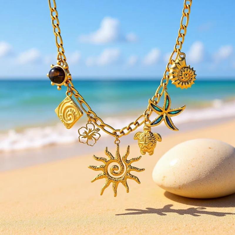 Trendy Colorful Shell Pendant From the Seaside Resort Stainless Steel Collarbone Necklace for Women