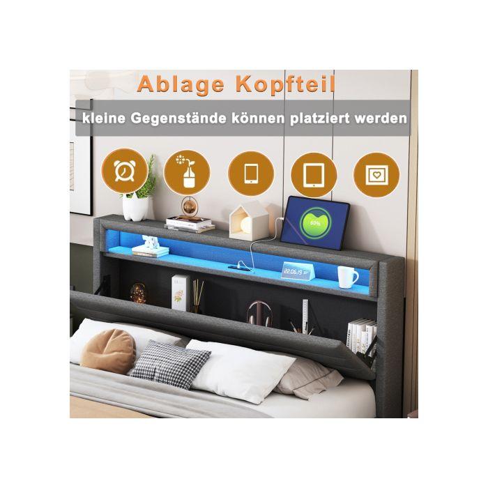 Мягкая кровать 140x200 см, гидравлический парящий каркас кровати с местом для хранения, с USB-портом