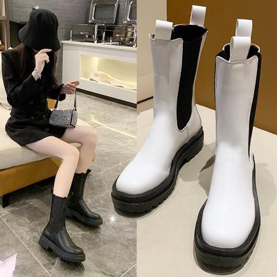 Женские осенние и зимние ботинки челси на толстой подошве. Женские ботинки средней длины в стиле ретро.