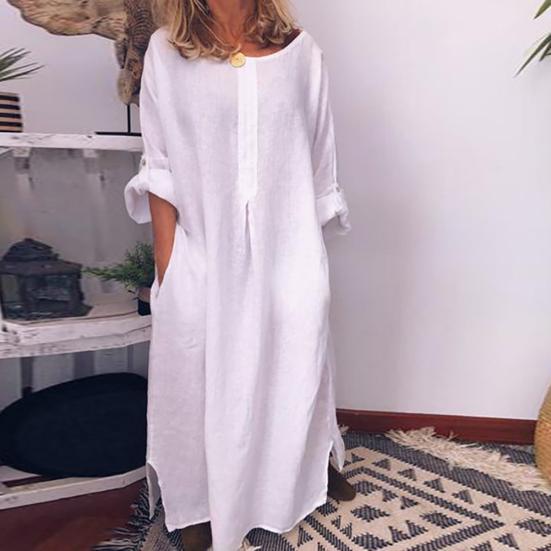 Женское винтажное однотонное платье макси с длинными рукавами и круглым вырезом, кафтан