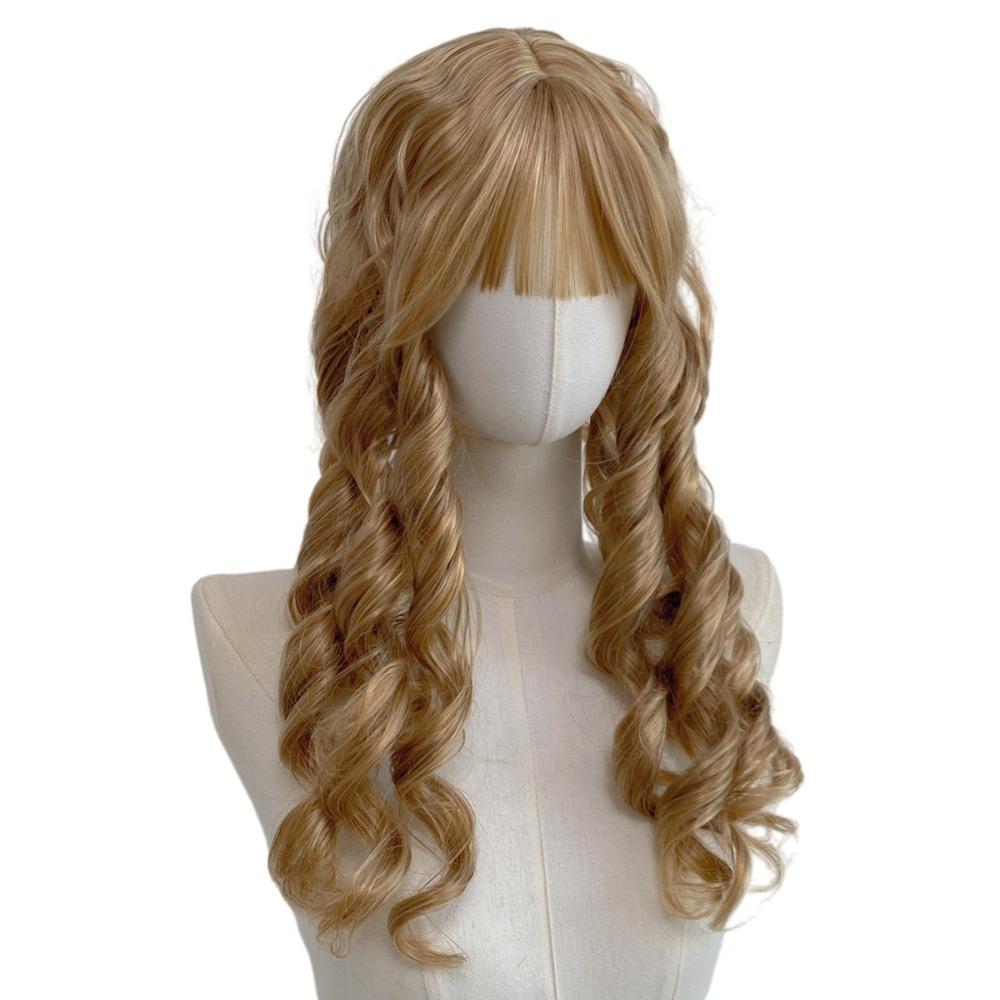 Golden Halloween Lolita Costume Wig with Straight Bangs Long Wavy Cosplay Wig Holiday Party