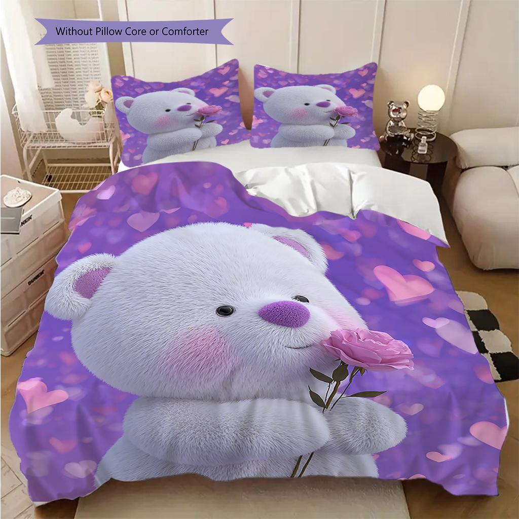 Bear Doll Pattern Bedding Quilt Set Quilt Cover Pillowcase Home Decoration Birthday Gift (1 * duvet cover + 2 * pillowcase, without core)