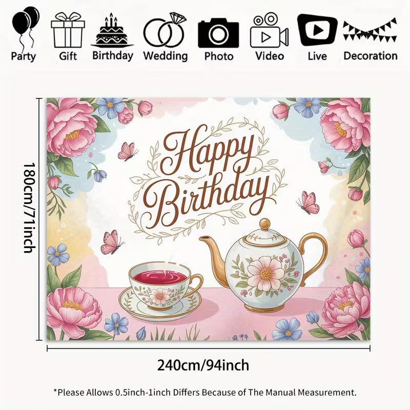 2D Flat Tea Party Happy Birthday Banner Floral Teacup & Butterfly Backdrop for Garden Tea Party
