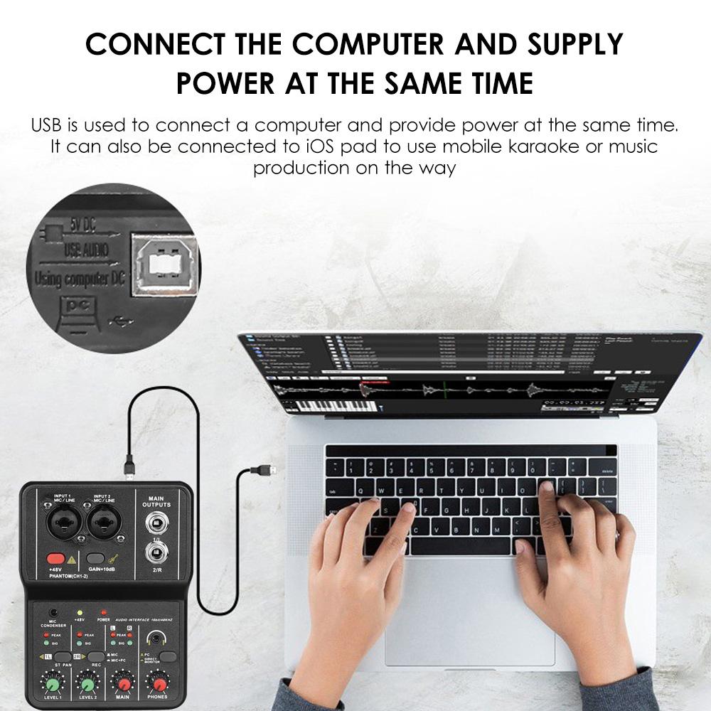 Аудиоинтерфейс Профессиональная звуковая карта для записи 16 бит/48 кГц Мини USB аудиоинтерфейс Звуковая карта 2 входа и 2 выхода с фантомным питанием 48 В USB-B кабель