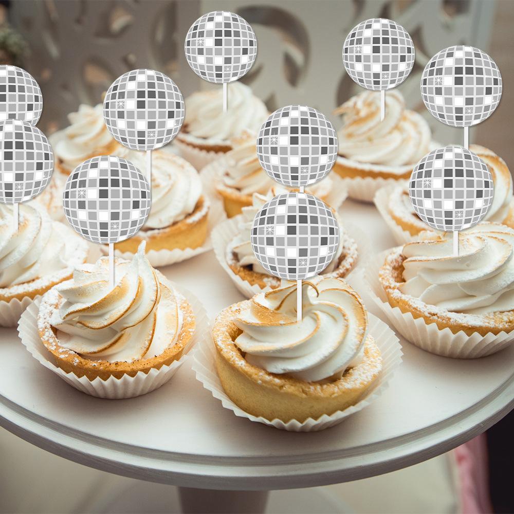 12/24pcs Glitter Disco Ball Cake Toppers 1970s Disco Ball Cake Picks Disco Theme Dance Birthday Bachelorette Party Decoration
