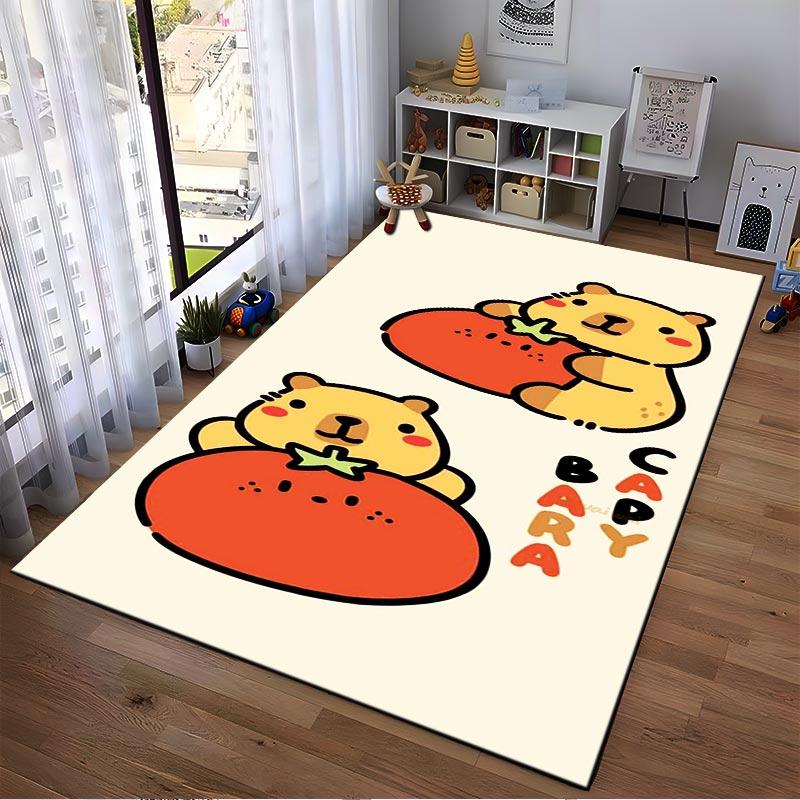 Cute Bear Carpet with Tomato Pattern, Beige Cartoon Floor Mat Decor Suitable for use as an anti-slip for living room bedroom sofas