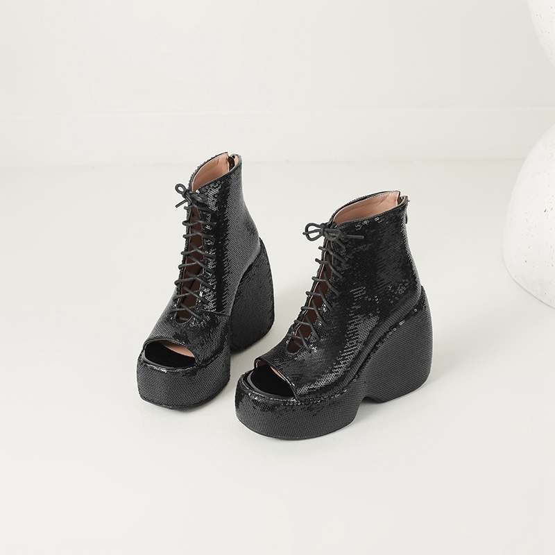 Krazing Pot Блестящая ткань весна лето размер 43 размер 42 женские платформы женские открытый носок сексуальные летние сапоги на шнуровке туфли-лодочки