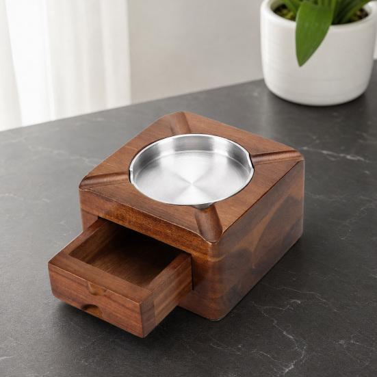 jijijing Square Wooden Ashtray for Men, Non-slip Ash Holder with 4 Slots & Drawer, High Temperature Resistant Indoor Outdoor