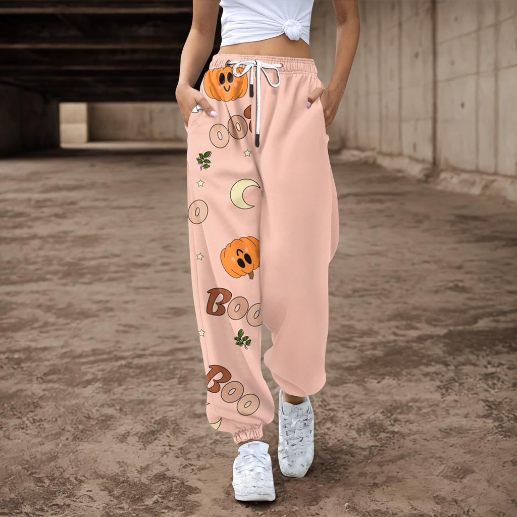 Женские повседневные брюки с принтом на Хэллоуин, эластичные брюки с завязками на талии