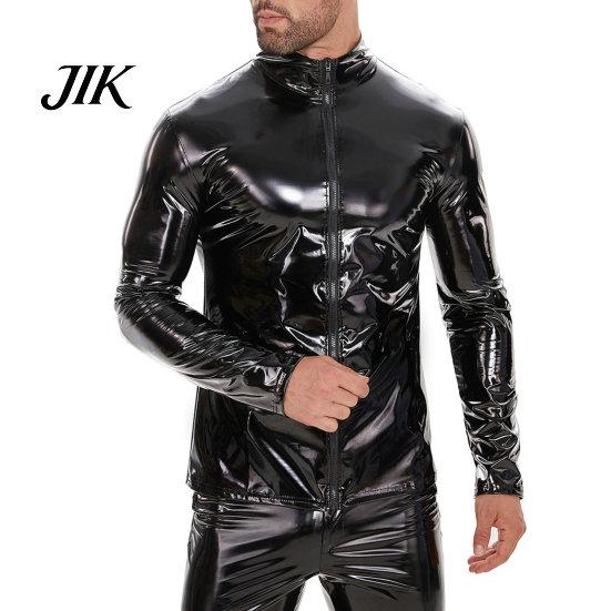 Men Elastic Jacket Faux Leather Smooth Glossy Solid Color Stand Collar Zipper Sexy Closure Long Sleeve Mid Length Party Nightclub Performance