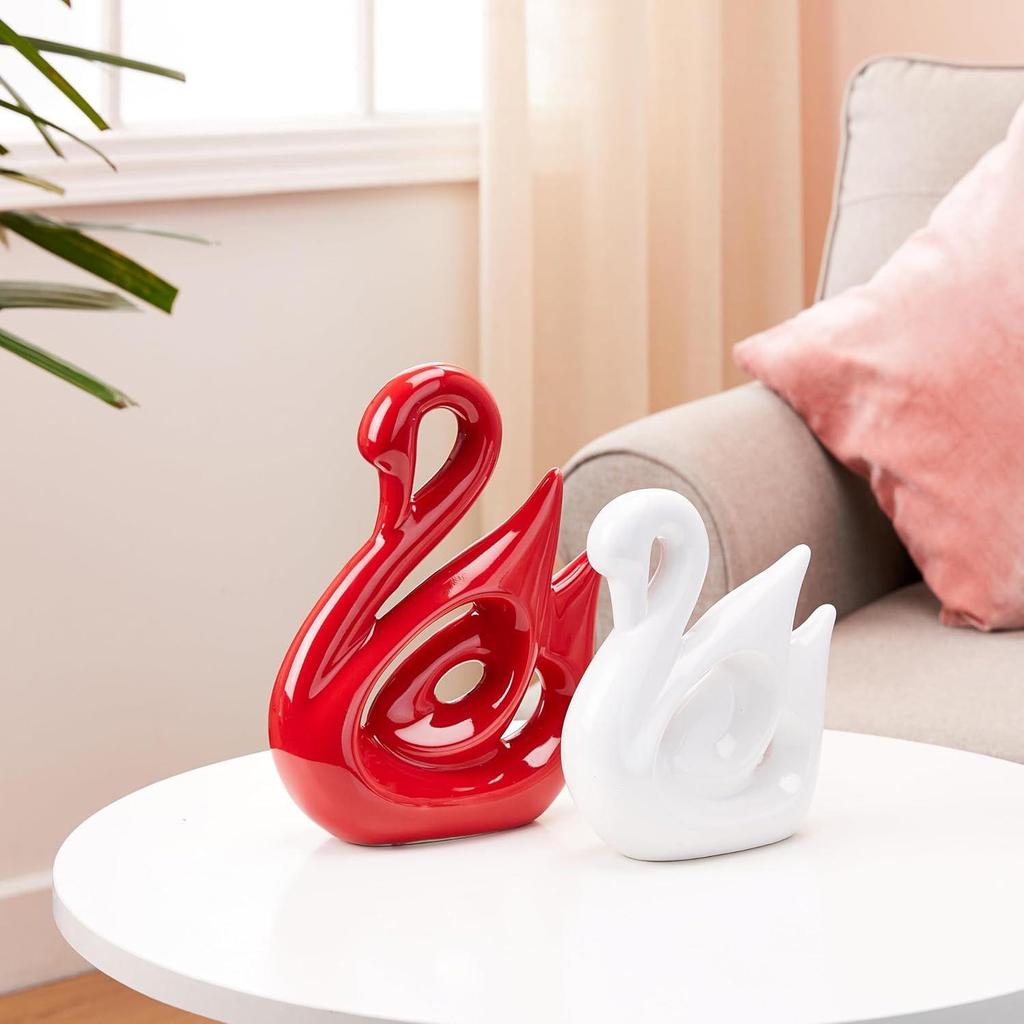 Счастливая пара лебедей, керамические фигурки для украшения дома (Набор из 2 предметов, большой, белый и красный)