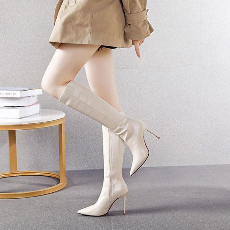 9.5Cm beige boots women's 2025 new pointed high-heeled small boots 150 but knee tall and thin