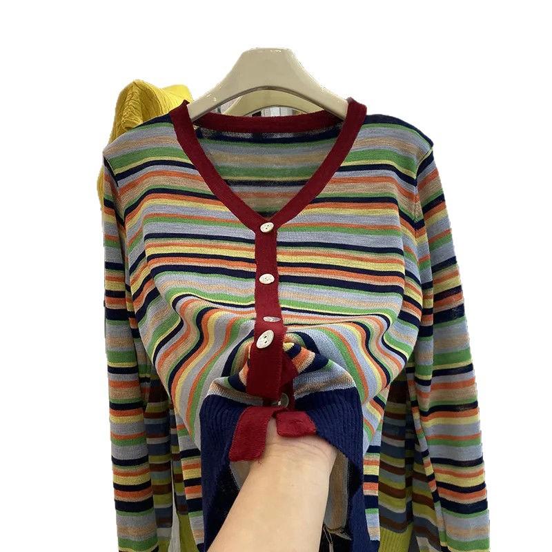 Contrasting Color Rainbow Stripe Knitted Cardigan Autumn and Winter New Fashion Temperament Age-reducing and Thin Long-sleeved Sweater