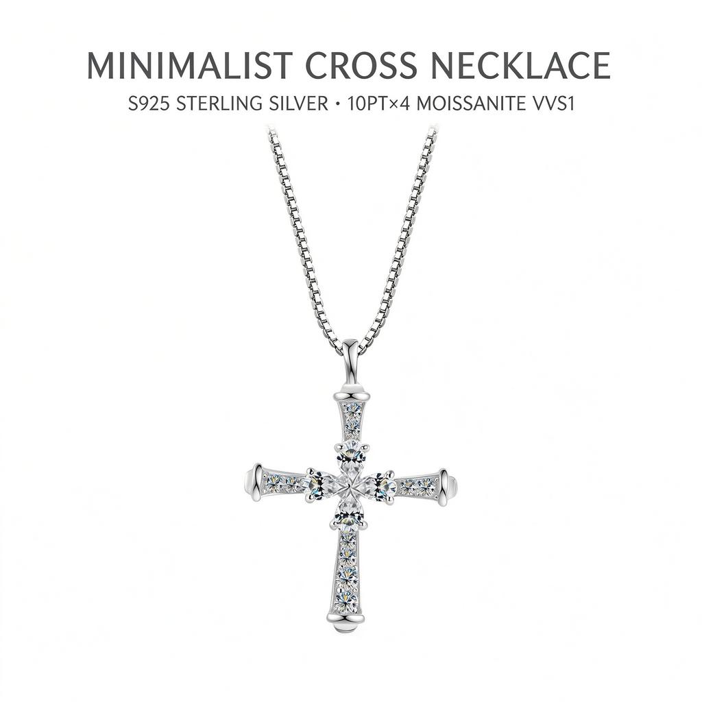S925 Sterling Silver Cross Necklace, 10pt×4 Moissanite Micro Pave Crucifix Pendant Chain, Minimalist Luxury Sweater Necklace for Women