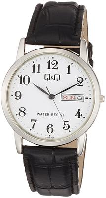 Мужские часы Citizen Analog с датой и днем недели, кожаный ремешок, белый циферблат, Q&Q, водонепроницаемые, дисплей, дисплей, ремешок, A206-304,