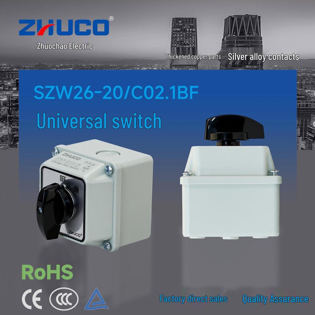 Zhuochao SZW26-20/C02.1BF Rotary Switch: Universal, Two Gears, Protective Box, ON/OFF.