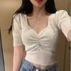 Vintage Puff Short Sleeve V-neck Knitted T-shirts with Decorated Buttons Girls Solid Stretchy Crop Tops Thin Knitwear for Women