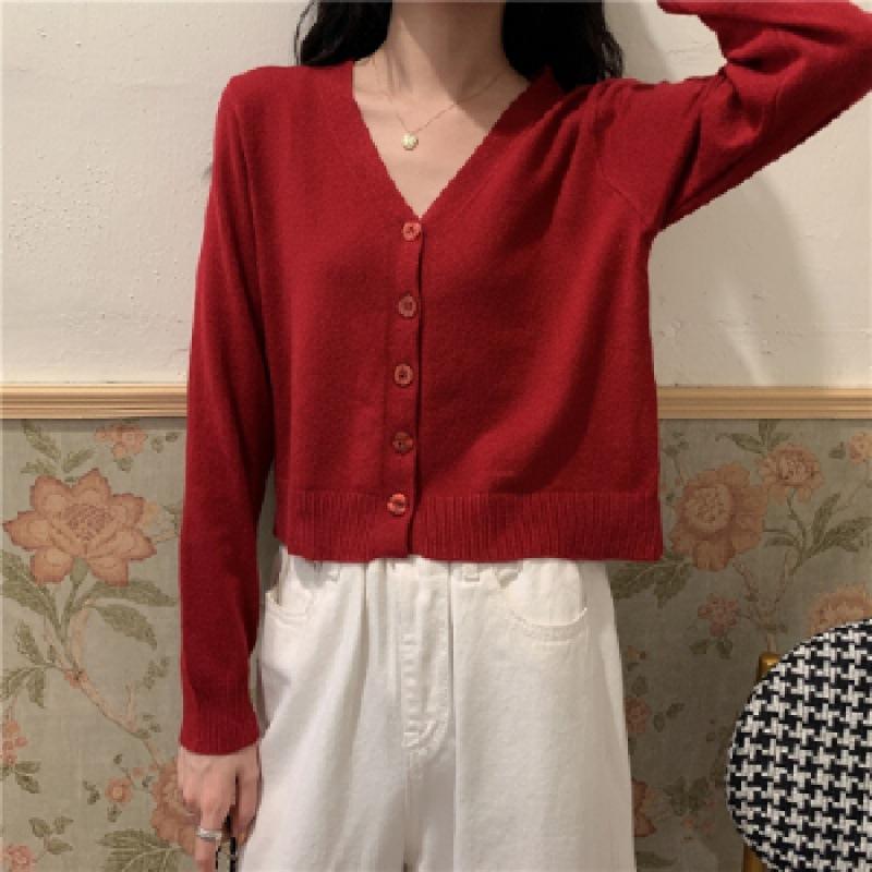 Ранняя осень новая вязаная верхняя кардиган-куртка короткая корейская версия V-образный вырез свободная внутренняя длинный рукав тонкий свитер-куртка женская одежда