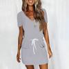 Women's Summer Casual Fashion Solid Color Drawstring V Neck Short Sleeve Dress