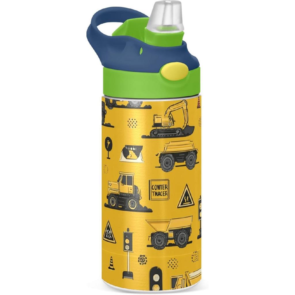 Boccsty Bright Race Car Truck Kids Water Bottle with Straw Lid Sport Cars ulated Stainless Steel Reble Tumbler for Boys Girls Toddlers 12 oz Green