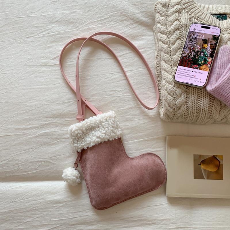 Portable Simple Style Suede Crossbody Bag Fluffy Lightweight Lamb Shoulder Bag Travel Christmas Sock Bag Women CLE