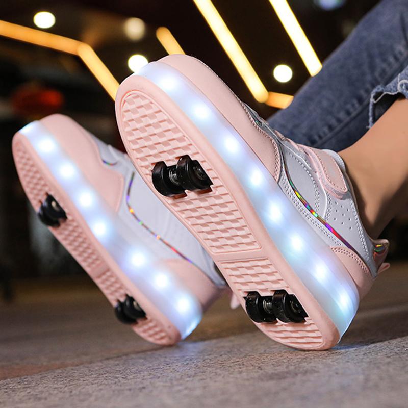 Детская спортивная обувь с подсветкой, натирающая обувь, однотонная волшебная нашивка с зарядкой, двухрядная четырехколесная скользящая обувь
