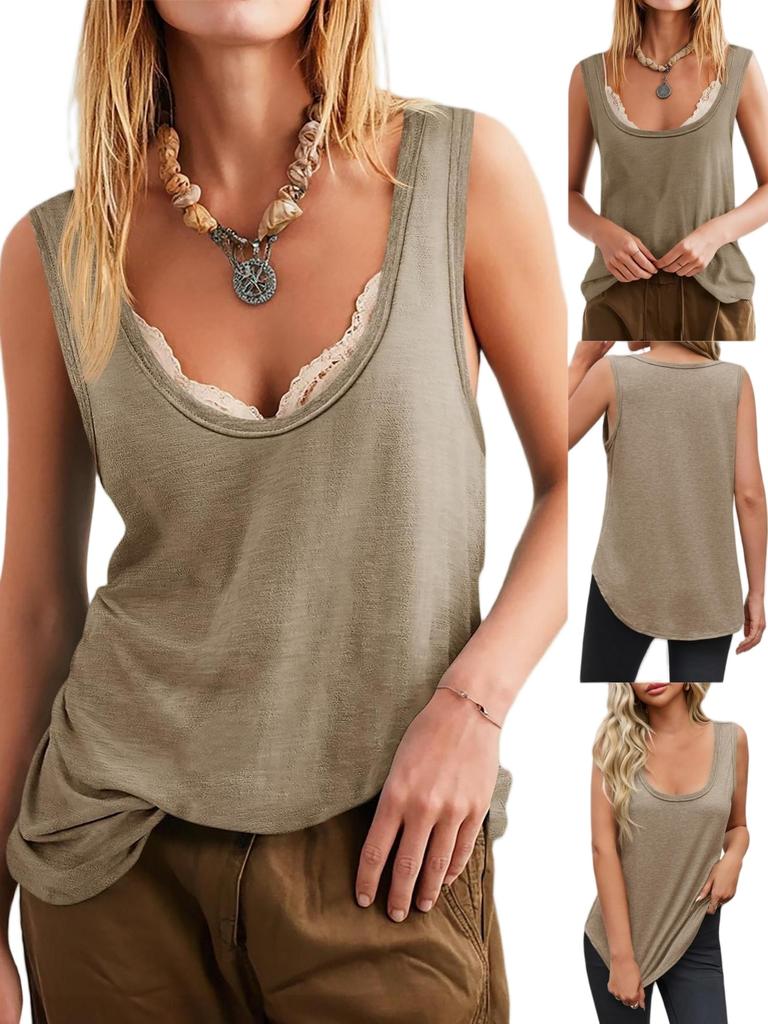 Women's Scoop Neck Loose Fit Tank Top Cotton Oversized Sleeveless Tee
