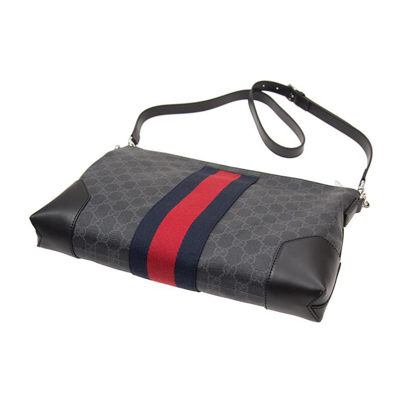 Gucci Distressed classic presbyopic logo striped webbing canvas and leather shoulder crossbody bag men's black gray