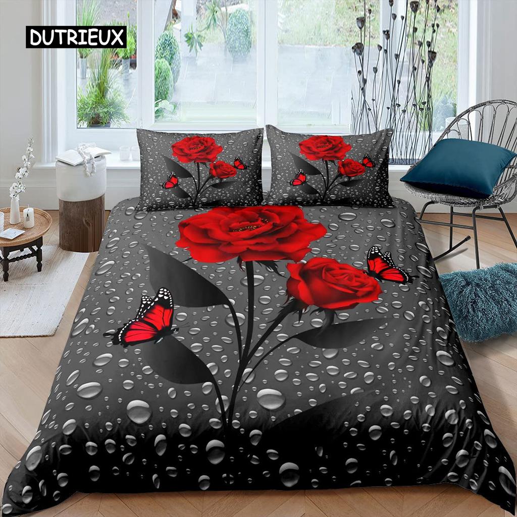 Комплект постельного белья с розами для женщин, шикарный фиолетовый комплект постельного белья с цветочным принтом, романтические цветы, блестки, королевского размера, покрывало для пар