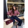 Women Loose Fit Crew Neck 3 4 Sleeve Striped Knit Sweater