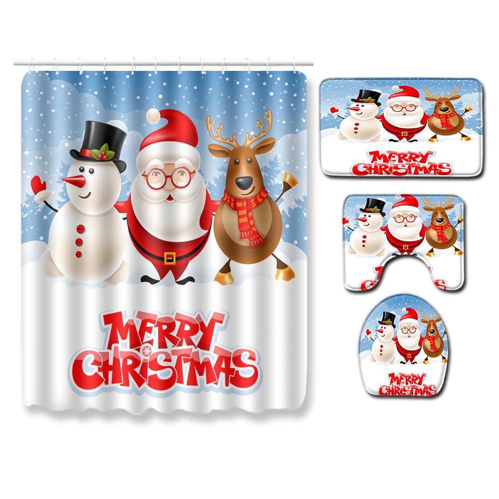 Christmas Home Shower Curtain Waterproof Polyester Cloth Toilet Floor Mat Four-Piece Set Entrance Door Mat Bedroom Living Room Carpet