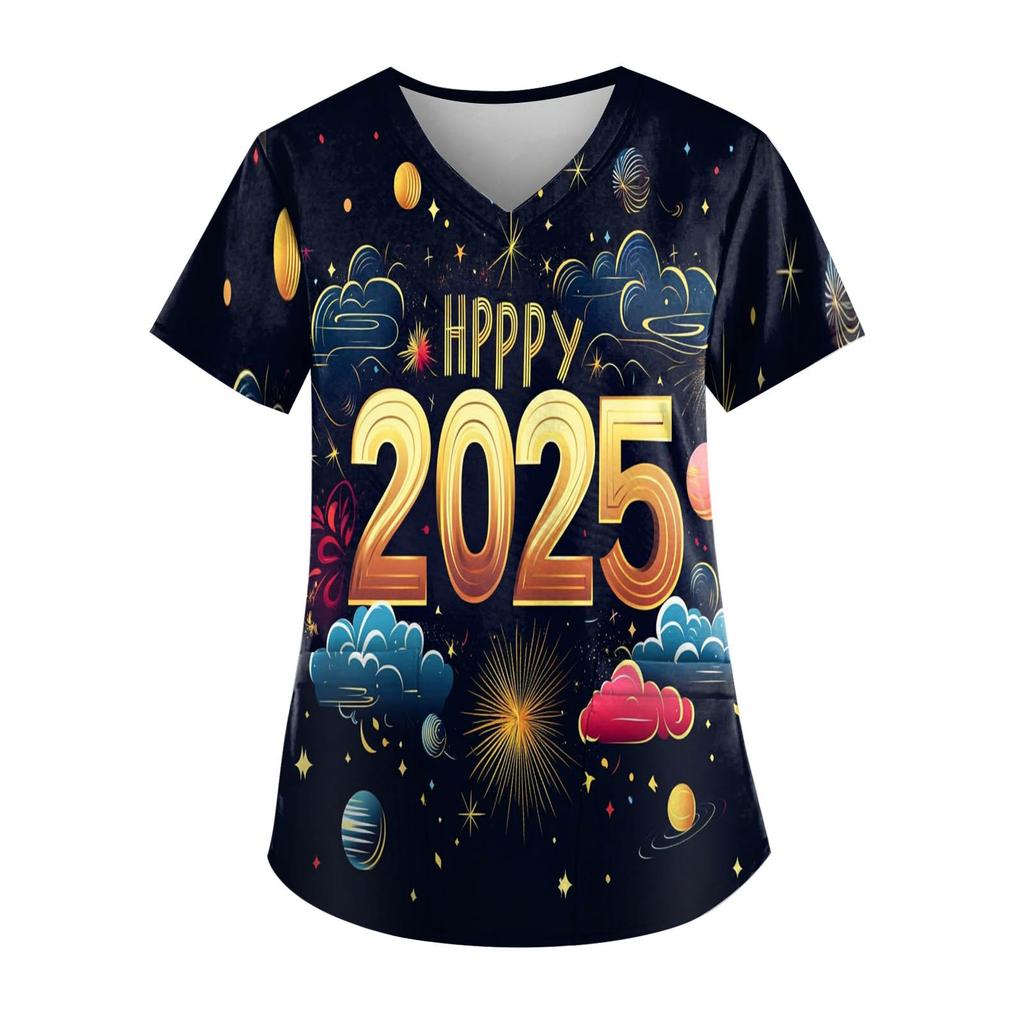 Женская модная новогодняя футболка с короткими рукавами, V-образным вырезом и маленьким карманом